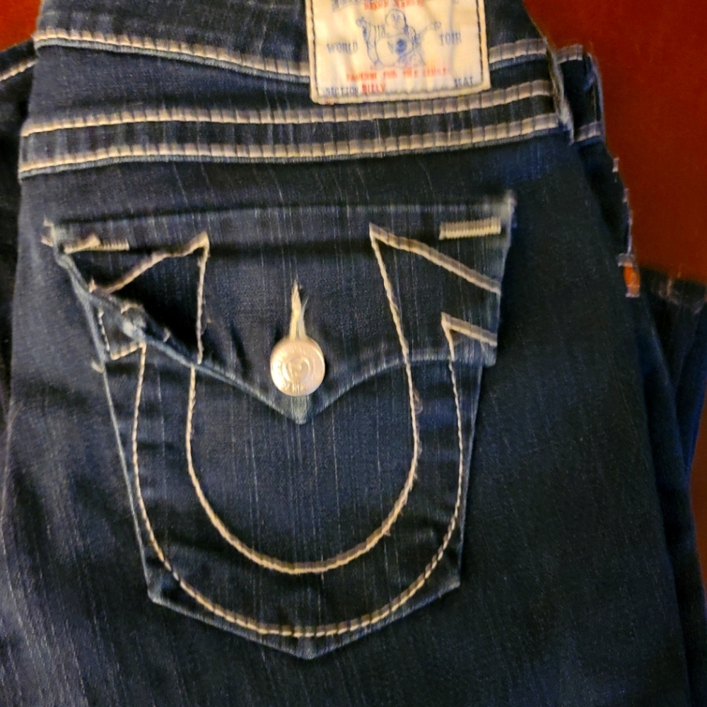 True Religion Tab pocket white stitch jeans